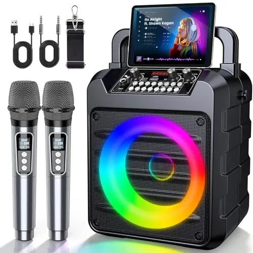 Dislocati Karaoke Adulte, Haut-Parleur Bluetooth Portable Enceinte Karaoke pour Adulte avec 2 Microphones sans Fil, Lumières LED, TWS, AUX/USB, Bluetooth 5.3, 12 Heures, Cadeaux Karaoke Professionnel