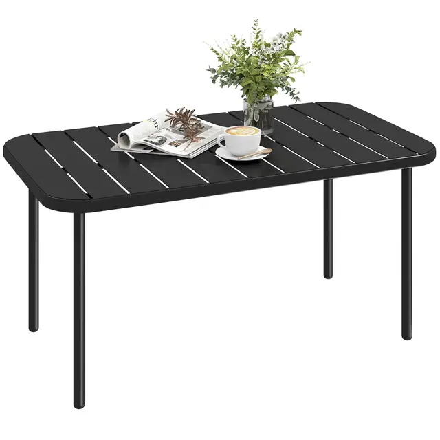Outsunny Table Basse de Jardin en Acier Galvanisé avec Plateau à Lattes, Table d'Appoint de Patio Rectangulaire aux Angles Arrondis, pour Extérieur Terrasse Balcon, 90x50x43cm, Noir