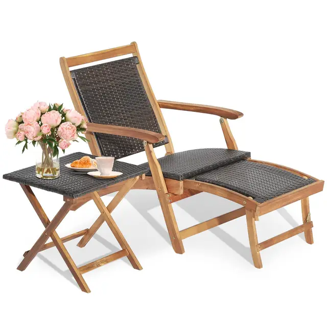 COSTWAY Chaise Longue en Rotin avec Repose-Pied Rétractable et Accoudoirs Charge 160KG, Bain de Soleil avec Table d'Appoint Carré Pliable Extérieur, pour Jardin Arrière-Cour