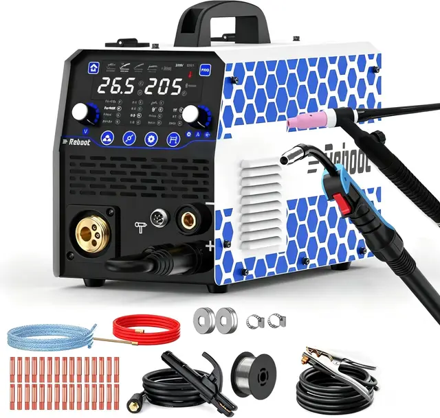 Reboot Appareil de soudage multifonction Reboot 8 en 1, 205 A : MIG/MAG, fil fourré sans gaz, MMA, Lift-TIG (avec torche TIG), soudage par points, compatible aluminium, écran numérique, IGBT, 230V