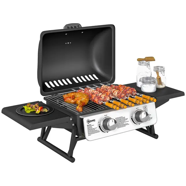Outsunny Barbecue gaz de table transportable, 2 brûleurs 5,6 kW, barbecue gaz de camping avec grille de cuisson, étagères latérales, couvercle, thermomètre, pour camping, jardin et balcon, noir