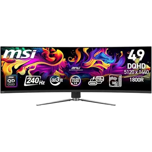 MSI MPG 491CQPX QD-OLED Ecran Gaming incurvé 49'' DQHD - 1800R, Dalle OLED 5120 x 1440, 240 Hz / 0.03 ms, DisplayHDR True Black 400, Compatible G-Sync™, HDMI™ 2.1, DP 1.4a, USB-C (PD 98 W), Noir
