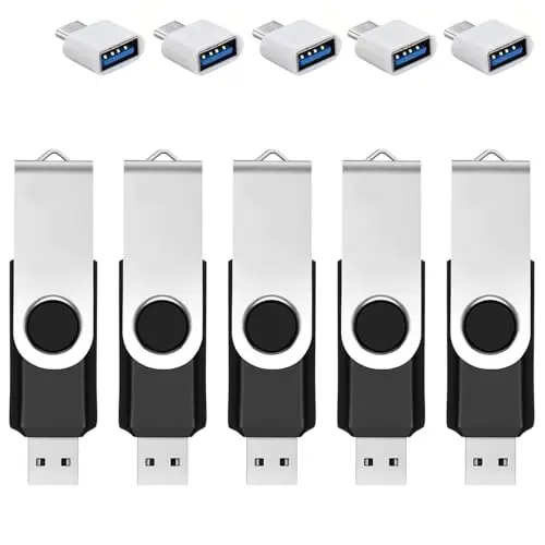 Lot de 5 clés USB 64 Go avec adaptateur de type C et boîte de stockage, clé USB 2.0, clé mémoire rotative à 360° pour téléphone portable, tablette, PC, ordinateur portable, Android, noir (5 packs 64