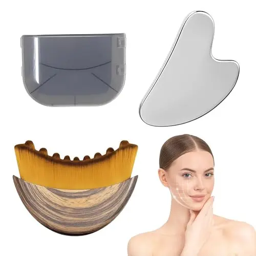 Gua-Sha-Set en acier inoxydable avec brosse visage pour drainage lymphatique – Kit de massage pour modeler la mâchoire, réduire les gonflements et se relaxer, avec boîte de rangement