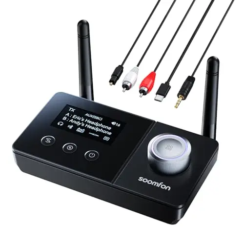 SOOMFON Emetteur Recepteur Bluetooth 5.3, 3 en 1 Adaptateur Bluetooth TV, Transmetteur Audio Bluetooth Double Connexion Longue Portée 30 m, Emetteur pour TV/Casques/Systèmes Audio etc