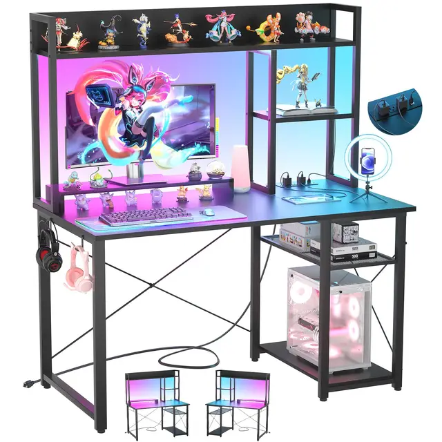 iSunirm Bureau Gaming,Petit Table Ordinateur Forme Etagères Rangements,Ports USB,Bureaux à Domicile LED et Rangement pour Domicile,Chambre,147x120cm,Noir