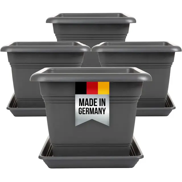 Lot de 4 grands pots de fleurs d'extérieur XXL - En plastique - Anthracite - 48 cm - Avec soucoupe - Fabriqué en Allemagne - Modèle : Alma