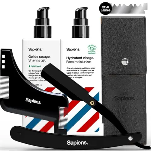 Sapiens Barbershop Kit Rasage Barbier - Rasoir Coupe Choux Barbe Homme Noir, 120 Lames de Rasoir, Gel de Rasage Transparent, Hydratant Visage Après Rasage, Pochoir Guide Contour