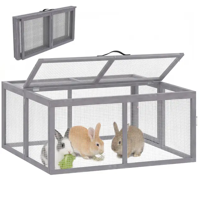 PawHut Clapier Lapin Extérieur Pliable en Bois de Pin - Grand Enclos Lapin 1,2 ㎡ (110x105x50cm) avec Toit Ouvrant et Poignée - Parc pour Poule, Cochons d'Inde et Petit Animal de Jardin, Gris