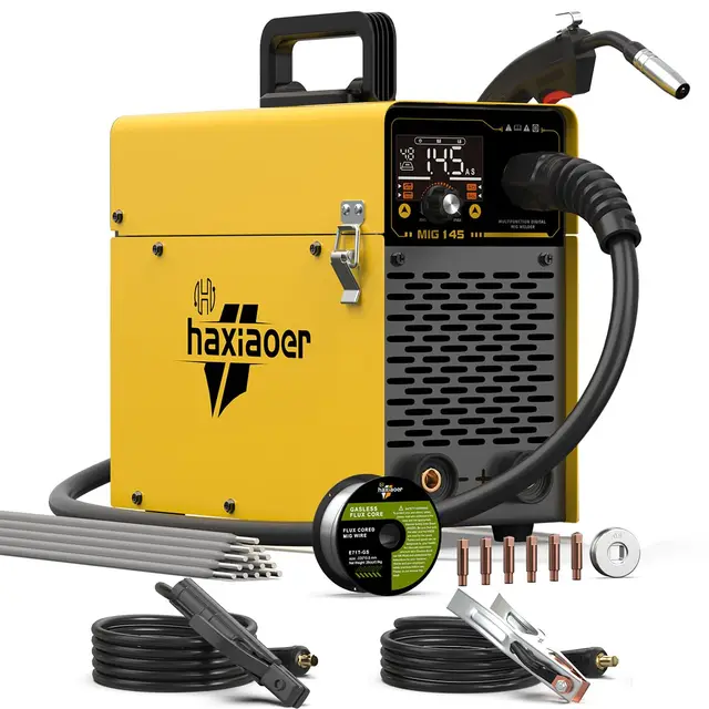 Haxiaoer 145A Poste a Souder Fil Fourré Sans Gaz, 3 en 1 Synergie Poste à Souder MIG (FCAW/MMA, ARC/Lift TIG), IGBT Poste a Souder Inverter avec Fil de 1.0mm, Démarrage à chaud, poussée d'arc, Jaune