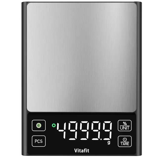 Vitafit 5kg Balance de Cuisine, Précision 0.1g par Notre Usine Balance Professionnelle Depuis 2001, Balance Alimentaire Fonction Pourcentage Cuisson, Pâtisserie et Café, Acier Inoxydable,LED, Noire.