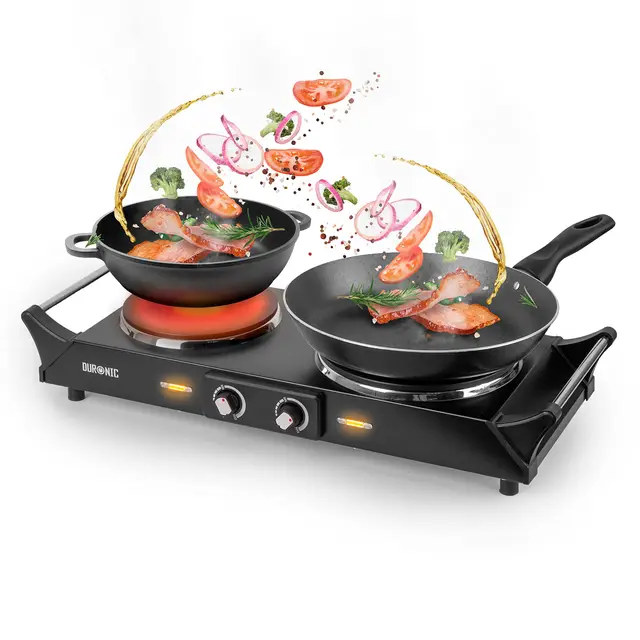 Duronic HP2 BK Plaque de cuisson chauffante électrique 1500W | Double Foyer en fonte de 20 et 15 cm | Poignées ergonomiques | Thermostat réglable | Réchaud mobile alternatif à une table de cuisson