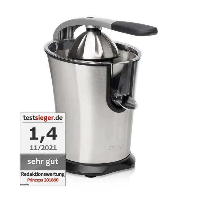Princess Presse-agrumes Master Pro – Cône en acier inoxydable – 300 W – Filtre à pulpe en inox – Bras à levier professionnel – Réservoir avec système anti-goutte – 201860