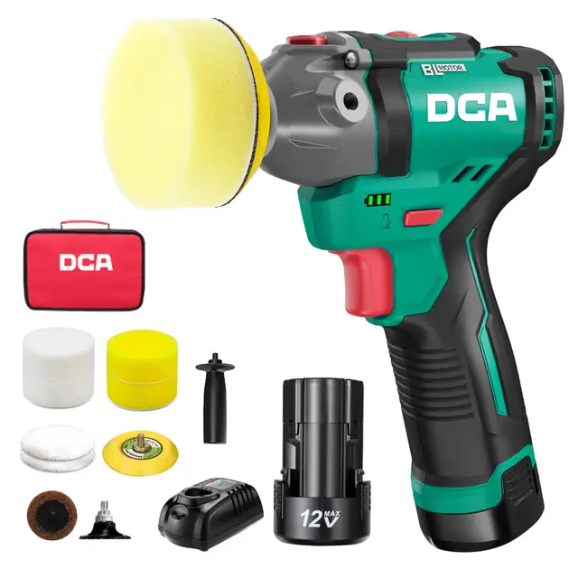 DCA Mini Polisseuse sans Fil 12V, 75mm Mini Polisseuse Voiture Sans Balais et 50mm Ponceuse , 2 Batteries 2,0Ah, 2 Vitesses 2800-8300 tr/min pour Polissage/Lustrage/Ponçage/Cirage Automobile