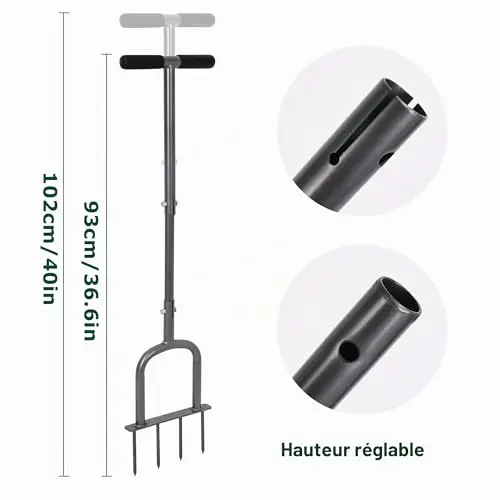 BARAYSTUS Aérateur de pelouse manuel réglable en hauteur pour sols et pelouses compactés Aérateur manuel avec 4 pointes