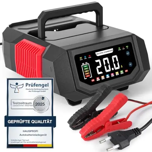 HAUSPROFI Chargeur Batterie Voiture & Moto 12V/24V 20A Intelligent - Courant Réglable (1A-20A), Mode Réparation & Maintien de Charge pour Plomb, AGM, Gel, Lithium LiFePO4, Camion, Camping-Car