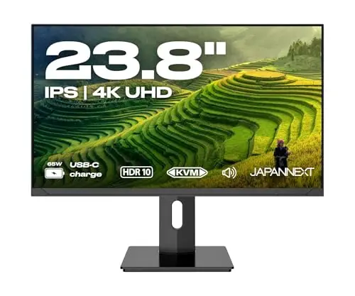 JAPANNEXT Ecran PC 23.8" IPS 4K UHD (3840x2160) | Recharge Via USB-C(65W) Hauteur & Inclinaison réglable(HSP) Haut-parleurs | sRGB 100% G-Sync/FreeSync | Garantie 2 Ans | JN-IPS2380UHDR-C65W-HSP
