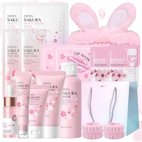 Sakura Ensemble de Soins de la Peau 15 Pièces,Avec Nettoyant,Crème,Toner,Sérum,Sérum pour les yeux,Masque de boue,Masque de sommeil,Masque visage,Masque à lèvreset Accessoires