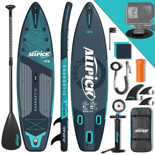 ALLPICK Paddle Gonflable, Kit de Padelsurf de Stand Up Paddle Sup Gonflable de 320 cm, avec Support Universel pour Caméra, Pagaie réglable, Débutants et confirmés, 200 kg