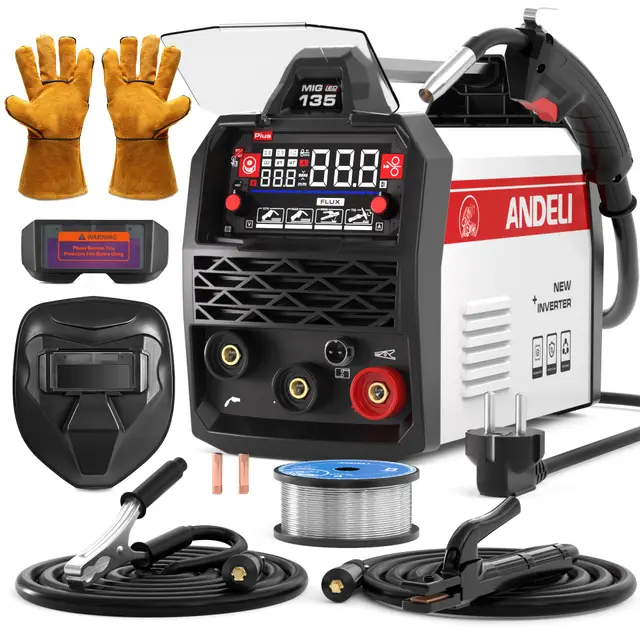 ANDELI Poste à Souder 135A 4-en-1 avec fil fourré et fonction pulsée – MIG sans gaz, TIG Lift et MMA – Kit complet incluant casque et gants, écran LED et système synergie, prêt à l’emploi sur 230V