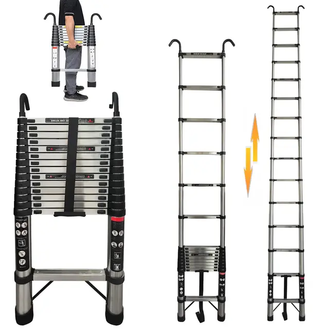 Échelle télescopique pliable, 5 m - Échelle télescopique pliante avec crochet amovible - Échelle multifonction - Échelle extensible antidérapante - Charge maximale : 150 kg - Échelle pour jardin et
