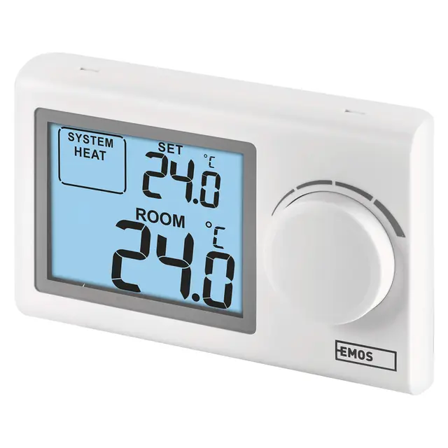 EMOS - Thermostat numérique avec écran LCD - Manuel, Filaire - Chauffage/climatisation - Plage température 5-35 °C - Montage en Surface - Utilisation Simple - Pile Incluse - Blanc