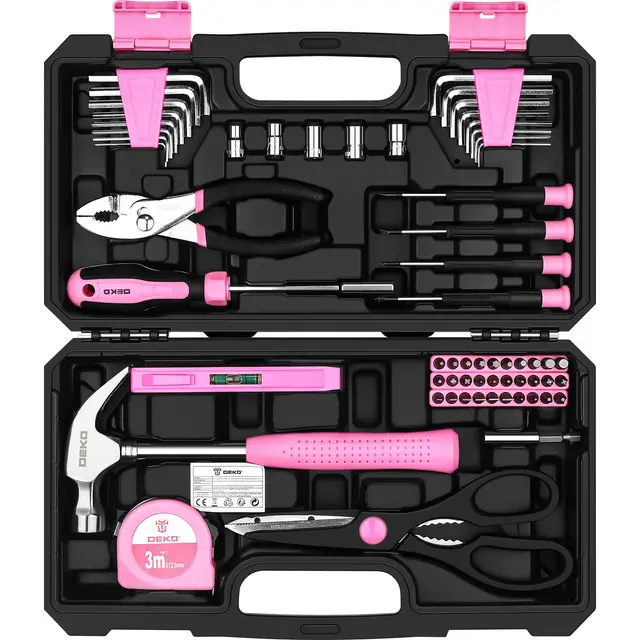 DEKO Boîte à outils complète rose 62 pièces, mallette, boîte à outils bricolage, cadeaux pour femme, maison, bureau et voiture, pour entretien quotidien