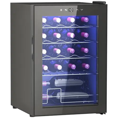 HOMCOM Cave à Vin 20 Bouteilles 53L, Réfrigérateur à Vin Silencieux avec Porte en Verre, Éclairage LED, Écran Tactile Numérique, Frigo Vin avec Contrôle de la Température 5-18°C, Protection UV, Noir