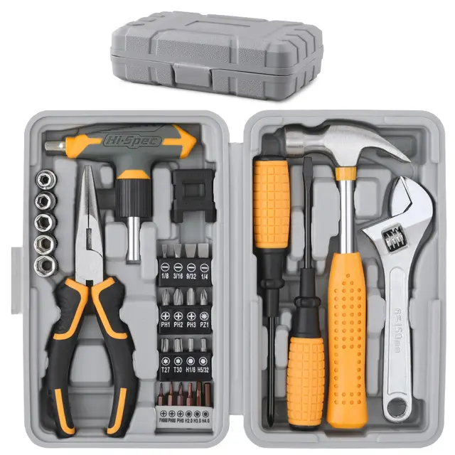 Kit d'outils manuel compact Hi-Spec 30 pièces pour bricolage à domicile et au bureau. Kit de démarrage d'outils pour réparations domestiques dans une boîte à outils portable