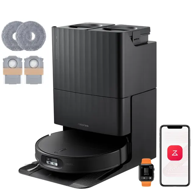 roborock Qrevo Edge 2 Set Robot Aspirateur Laveur, 25 000 Pa, Lavage des Serpillières à l'eau Chaude à 80°C, Évite 280+ Obstacles, Système Anti-enchevêtrement, 7,98cm Mince,Technologie FlexiArm, Noir
