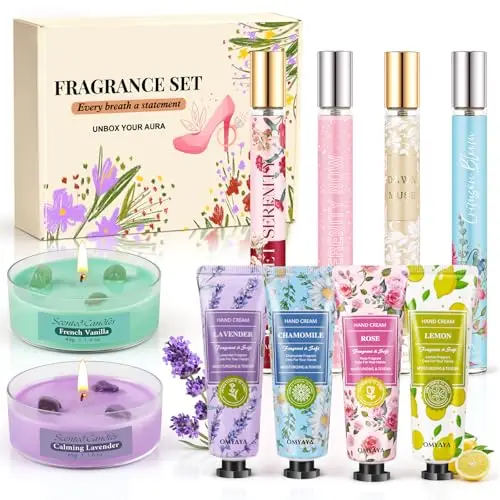 Coffret parfum pour femme,4x 35ml Parfum femme +4 Crèmes Mains Vitaminées + 2 Bougies Parfumées - Cadeau Anniversaire Idée Originale pour Elle - Perfum Floral Longue Tenue - Format Voyage