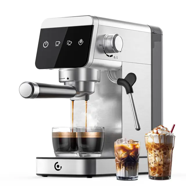 AMZCHEF Machine À Café Expresso 20 bar avec écran LED Home 2 en 1 avec réservoir amovible de 1,2 L pour cadeaux ménagers compacte en acier inoxydable 1350 W
