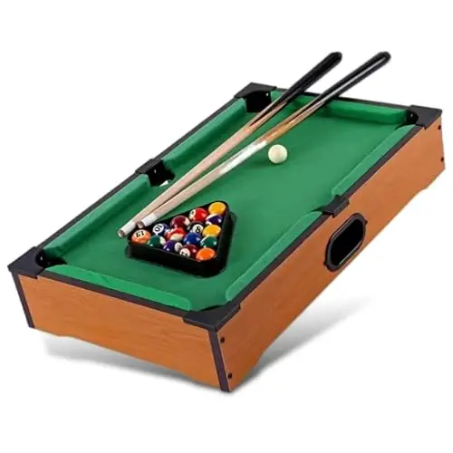 FISHTEC - Mini Table de Billard Americain - Mini Billard Mobile - Revêtement Feutrine Vert - 2 Queues, 16 Boules, Triangle et Craie - Couleur Bois Clair - Adultes - 51 x 34 x 9.5 cm