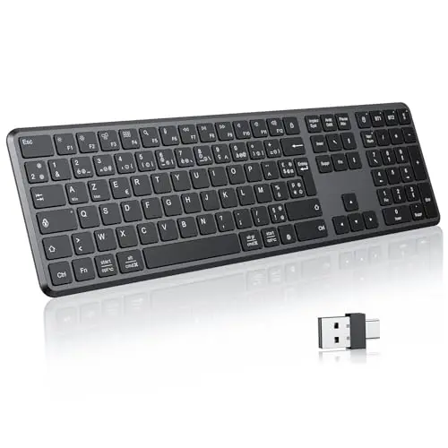 OMOTON Clavier sans Fil 2.4Ghz, Clavier Bluetooth AZERTY Rechargeable avec 3 Canaux Bluetooth, Ultra-Mince, Multi-appareils, Full-Size pour Windows 11/10/8/7, Apple MacOS, iOS, Android, PC, Noir