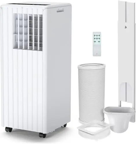 Tragbare Klimaanlage, 9000 BTU, 3-in-1, kühlt, entfeuchtet 42 l/Tag und Belüftung, 2 Geschwindigkeiten, Schlafmodus, geräuscharm, Fernbedienung, 24-Stunden-Timer, für Räume bis zu 28 m²