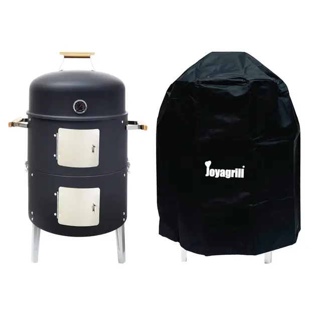 Barbecue fumoir de 17-1/2" avec couvercle, thermomètre intégré, aération et portes d'accès, deux couches, barbecue multifonction avec 3 poignées en bambou, idéal pour les fêtes, le camping