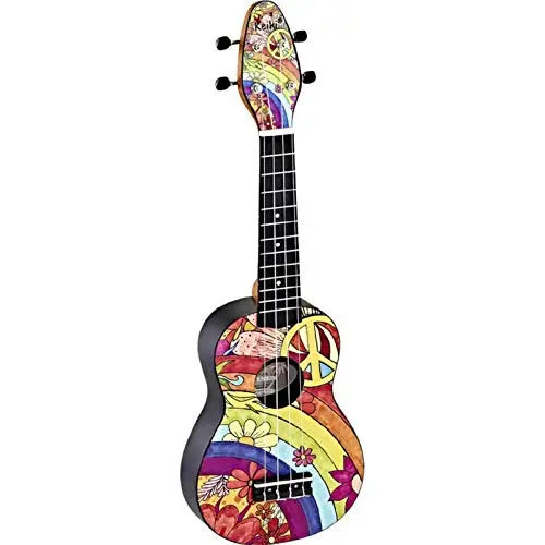 Ortega Guitars Ukulélé Soprano coloré - Keiki K2 - Kit de démarrage incluant Accordeur, Courroie, 5 Médiators Medium et Sac à cordon - peace '68 (K2-68)
