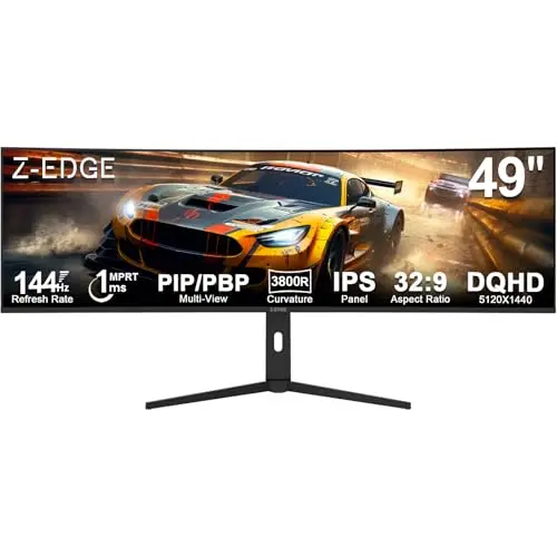 Z-Edge Ecran PC Gamer Incurvé 49 Pouces | 144Hz 1ms IPS DQHD 5120x1440 | Monitor Gaming 32:9 FreeSync | Réglable en Hauteur Inclinaison Rotatif | KVM PIP PBP | USB Type C 65W HDMI 2.1 DP 1.4