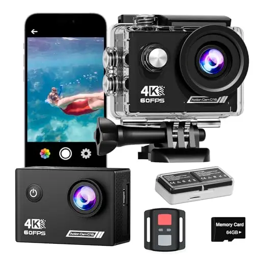 Sport Caméra 4K 60FPS, HD 48 MP Caméscope WiFi, Caméra Étanche 40m avec Microphone, Télécommande, EIS Anti-Vibration, 2 Batteries, Divers Accessoires