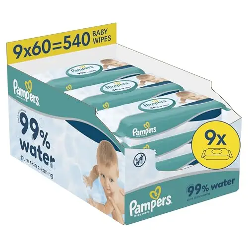 Pampers 99% D'Eau Lingettes Pour Bébé, 9 Paquets De 60 Lingettes = 540 Lingettes, Lotion Douce Avec 99% D’Eau
