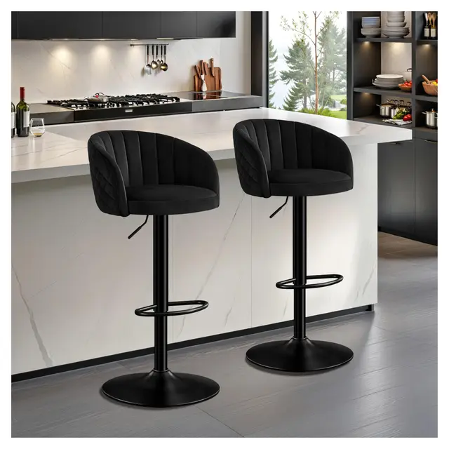 STOOLINK Tabouret de Bar Lot de 2 Chaise de Bar Tissu Velours de Lait, Chaises Bar Réglables avec Dossier et Accoudoir, Tabourets de Bar avec Repose-Pieds, Tabouret Bar pour Cuisine, Bar-Noir