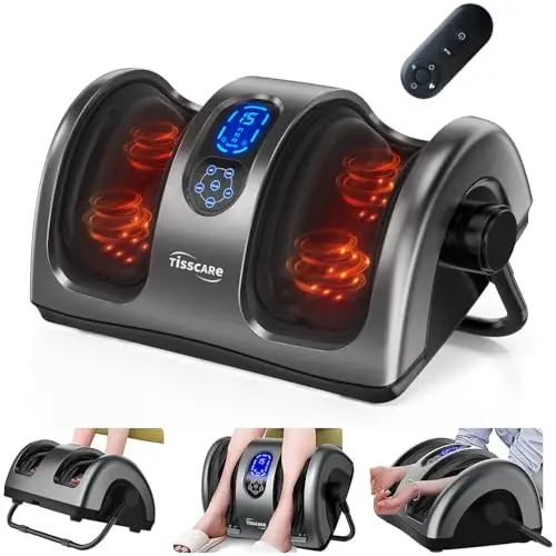 TISSCARE Appareil de Massage des Pieds Shiatsu Chauffant, Massage Mollets & Jambes avec Pétrissage, Roulement, Pression, Poignée Réglable à 360°, Soulagement Douleur, Cadeau Homme Femme
