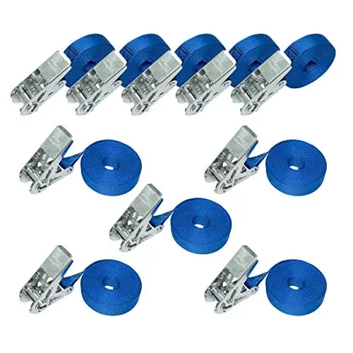 Amazon Basics Sangles d’arrimage à cliquet, Longueur 6 m, largueur 25 mm, capacité 800 kg, Conforme à la Norme DIN, 10 unité, Lot de 1, Bleu