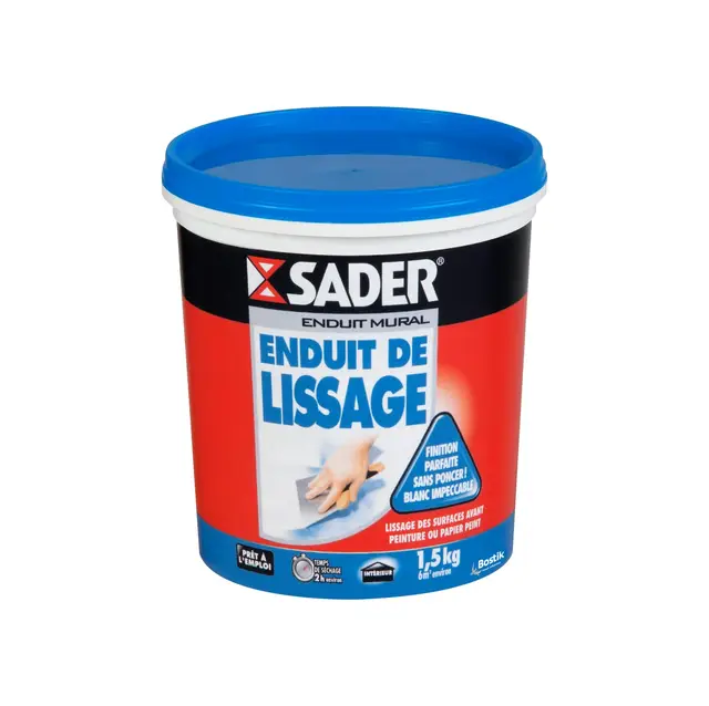 Sader Enduit de Lissage Mur Prêt à l'Emploi en Pâte – Intérieur et Plafond – Utilisable comme Joint Plaque de Plâtre, Rebouche Trou Jusqu'à 2 mm et Bouche Pore Bois – Blanc – 1 Pot de 1,5 kg