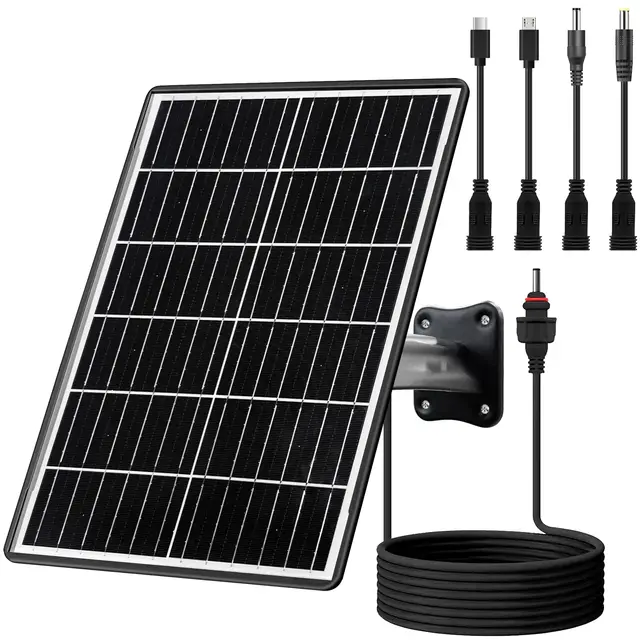 Kit de panneau solaire 15 W avec batterie intégrée 16000 mAh Tension : 5 V/6 V/9 V/12 V Courant : 1,5 A Caractéristiques USB-C, Micro-USB et DC 2,1/1,7/1,35 mm Compatible avec toutes les caméras de