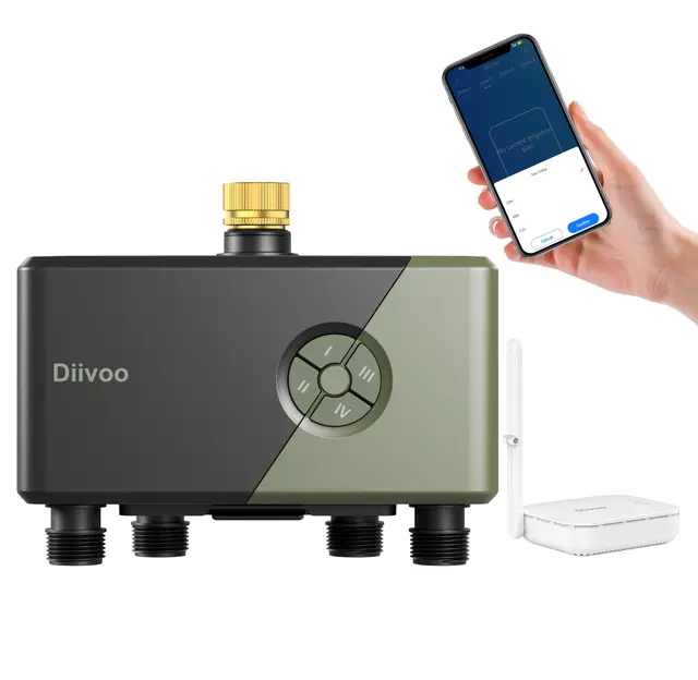 Diivoo Programmateur Arrosage WiFi 4 Voies avec Entrée Laiton,Connexion WiFi et Ethernet,Compatible avec Alexa/Google Assistant, 24 Programmes d’irrigation, Programmateur Arrosage Connecté pour Jardin