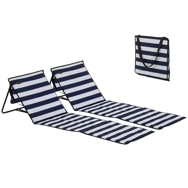 Outsunny Lot de 2 Tapis de Plage rembourré - Matelas de Plage - Dossier inclinable Multi-Positions - Sangle de Transport Inclus - métal Polyester Blanc et Bleu