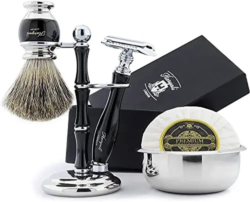 Rasoir de Sécurité ( Lames Pas Inclu ) Set 100% Fait à la Main Ensemble Rasage pour Hommes. Idéal Cadeau This Noël. le Noir Pur Blaireau Rasage Sécurité Bol à Raser avec Savon et Brosse Support.