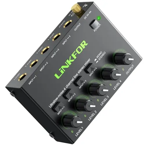 LiNKFOR Mini Mélangeur Audio Stéréo 4 Canaux Mélangeur de Ligne Ultra-Faible Bruit Switch Stereo/Mono, Contrôle du Volume Indépendant pour Mixage, Mini Mélangeur Audio DC 5V Type-C pour Club Bar