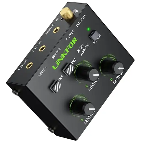 LiNKFOR Mixer Stéréo 3.5mm 2 Canaux avec Préamplificateur Table de Mixage Mini avec Contrôle Volume Doré Câbles et Alimentation Inclus
